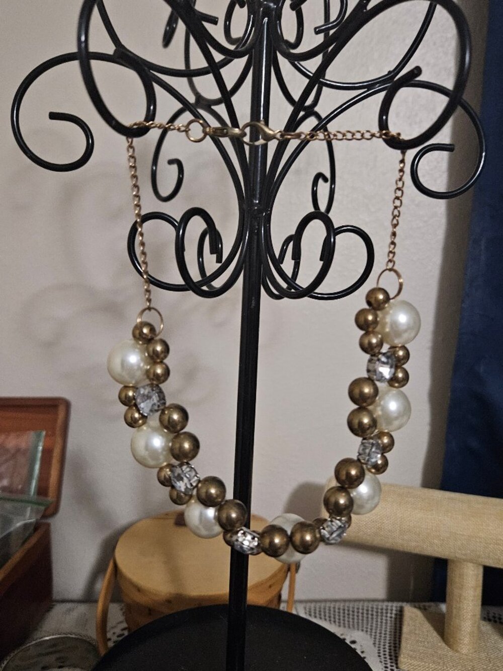 Vintage 14 In Statement Bib Necklace With Faux Pearls, Gold Beads & Rhinestones